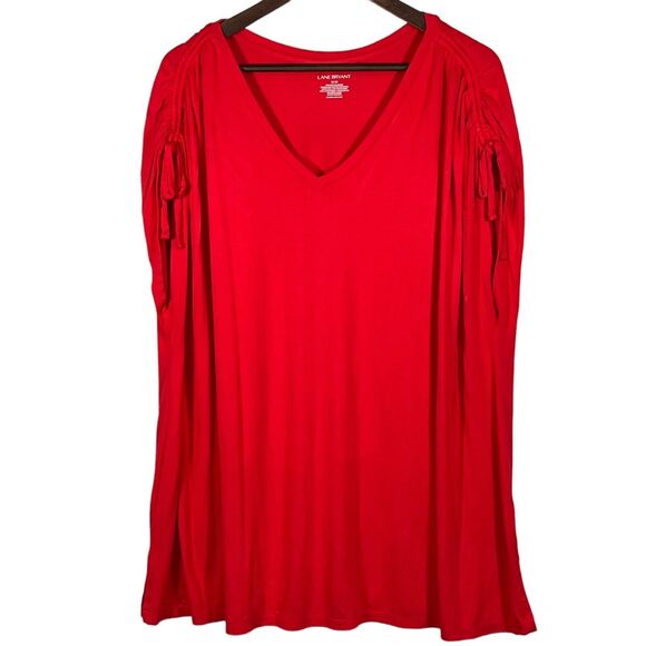 Lane Bryant Sleeveless Ruched Top Women Size 26 Red V-Neck Stretch Side Hem Slit - Picture 1 of 12